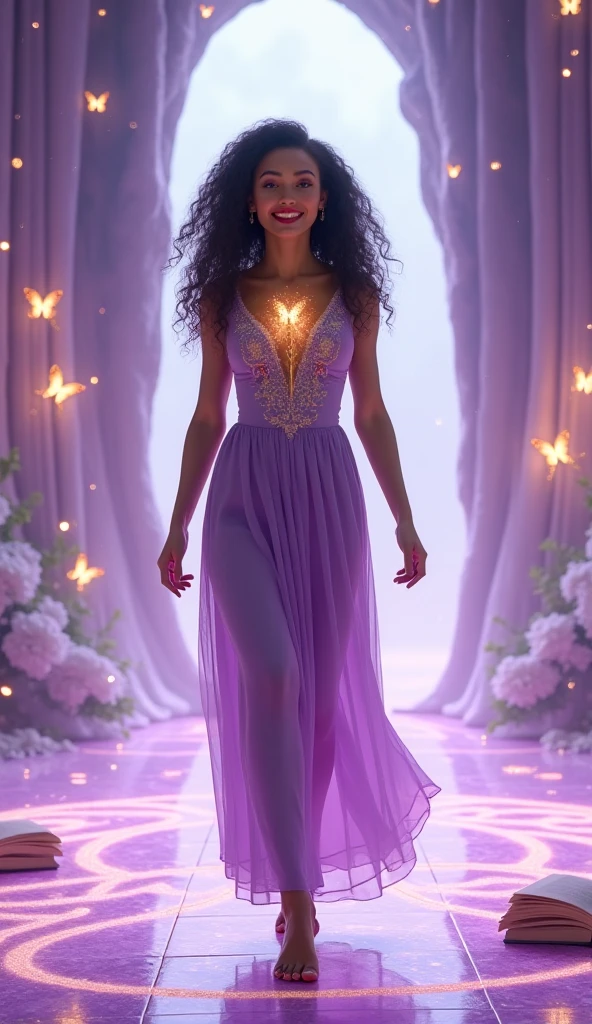 uma mulher loira, in a violet dress standing in front of a starry sky, She's wearing a bright lilac dress, usando um vestido elegante, render divino, Wearing a flowing dress, galactic sized goddess, hiper realista, cinematografico, Kinematic, 8k,