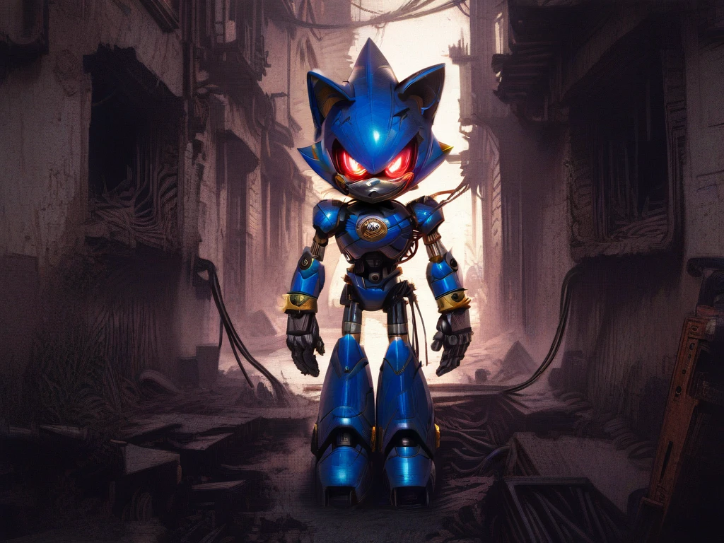 masterpiece, absurdres, detailed background, enchanting eyes, solo, metal sonic, broken in half, confined with cables, looking at viewer, glowing eyes, abandoned building, far point of view