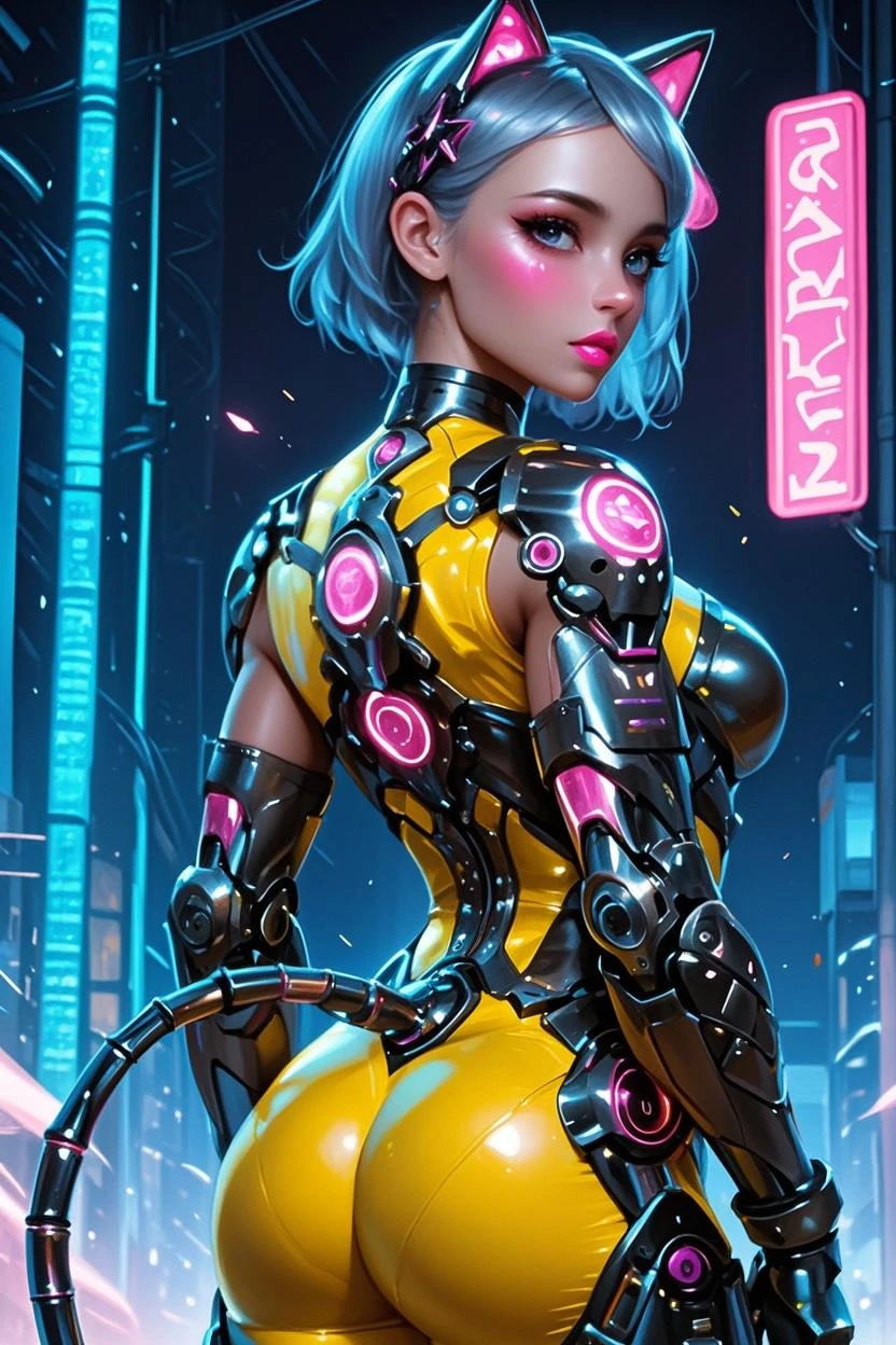 the highest quality))、((masterpiece)、cyberpunk、big glutes、Kneel down、Electronic visor attached to the face of a  with emphasis on the buttocks、Red latex body.,modo cyberpunk、pose sexy、(Wear yellow leggings on the lower body、breast enlargement、Neon lights in the dark city at night.,unreal engine:1.4,HD,La Best Quality:1.4, photorealistic:1.4, skin texture:1.4, masterpiece:1.8,masterpiece, Best Quality,（beautiful blue eyes ）,( neon yellow cyborg),(Perfect anatomy),convex ,(Detailed fingers),white cyborg latex bodysuit, (cyberpunk 2.1) ,*long blue hair:1.4), (green cyborg schoolgirl miniskirt:1.4) 