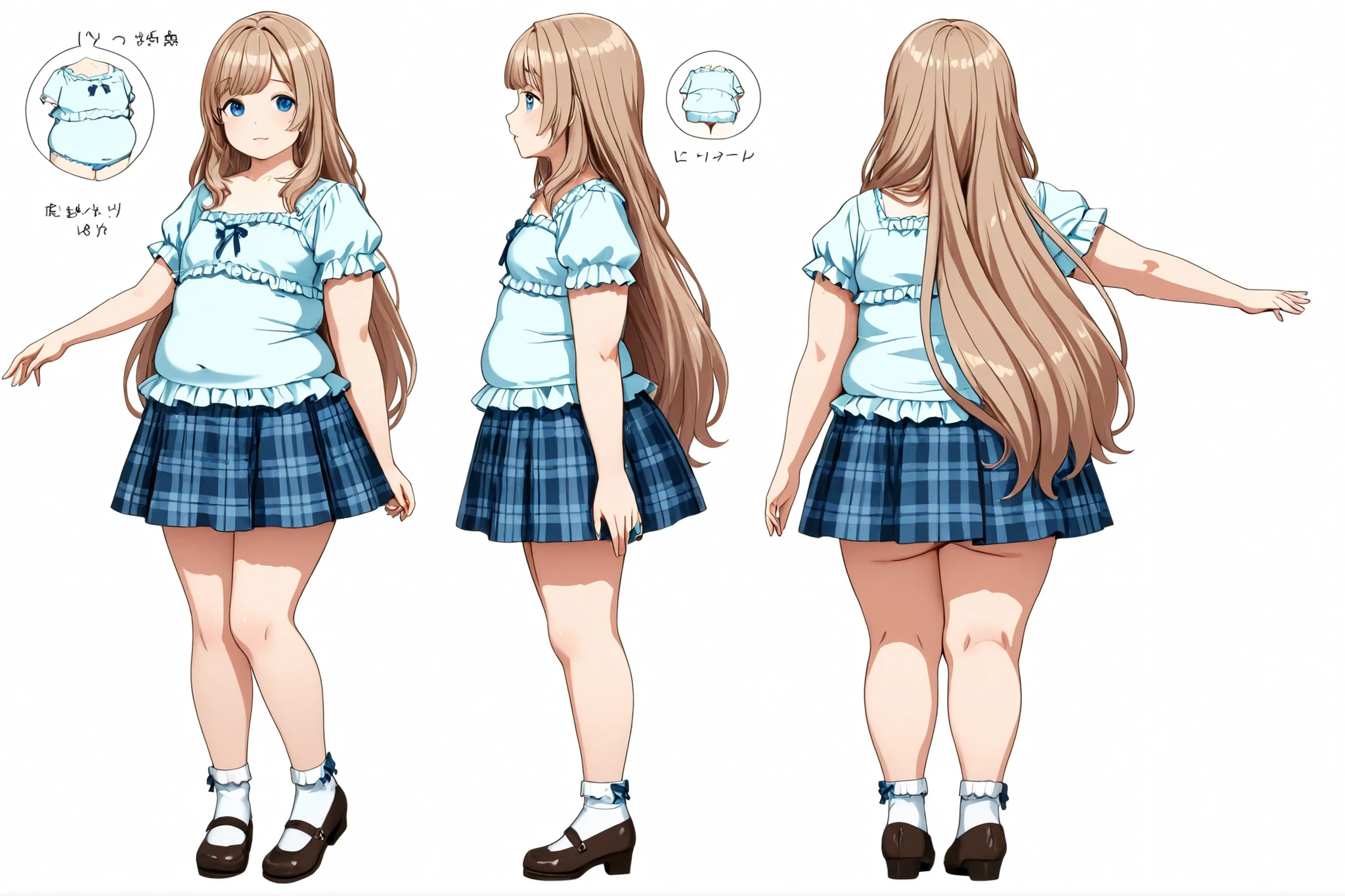 1girl, character sheet, light brown hair, very long hair, adult, fat, ((chubby, small breasts,)) bangs, white background:1.2, blue eyes, frilly shirt, plaid skirt