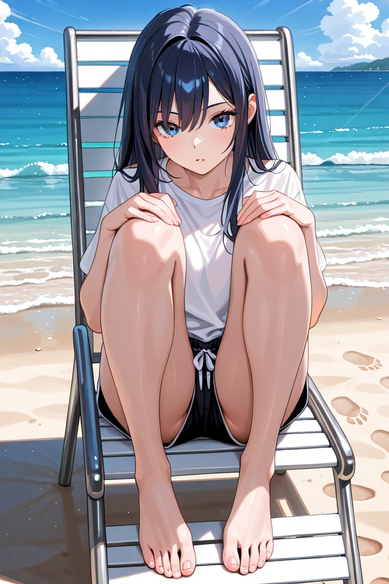 {1girl in, swim wears, The bikini, wearing hoodies, Shorthair, blue eyess}, {mare, the setting sun, Beach}, {hugging own legs, Looking here, Smiling}, concept-art, beautiful anime scene, Beautiful anime scenery, top-quality, ​masterpiece