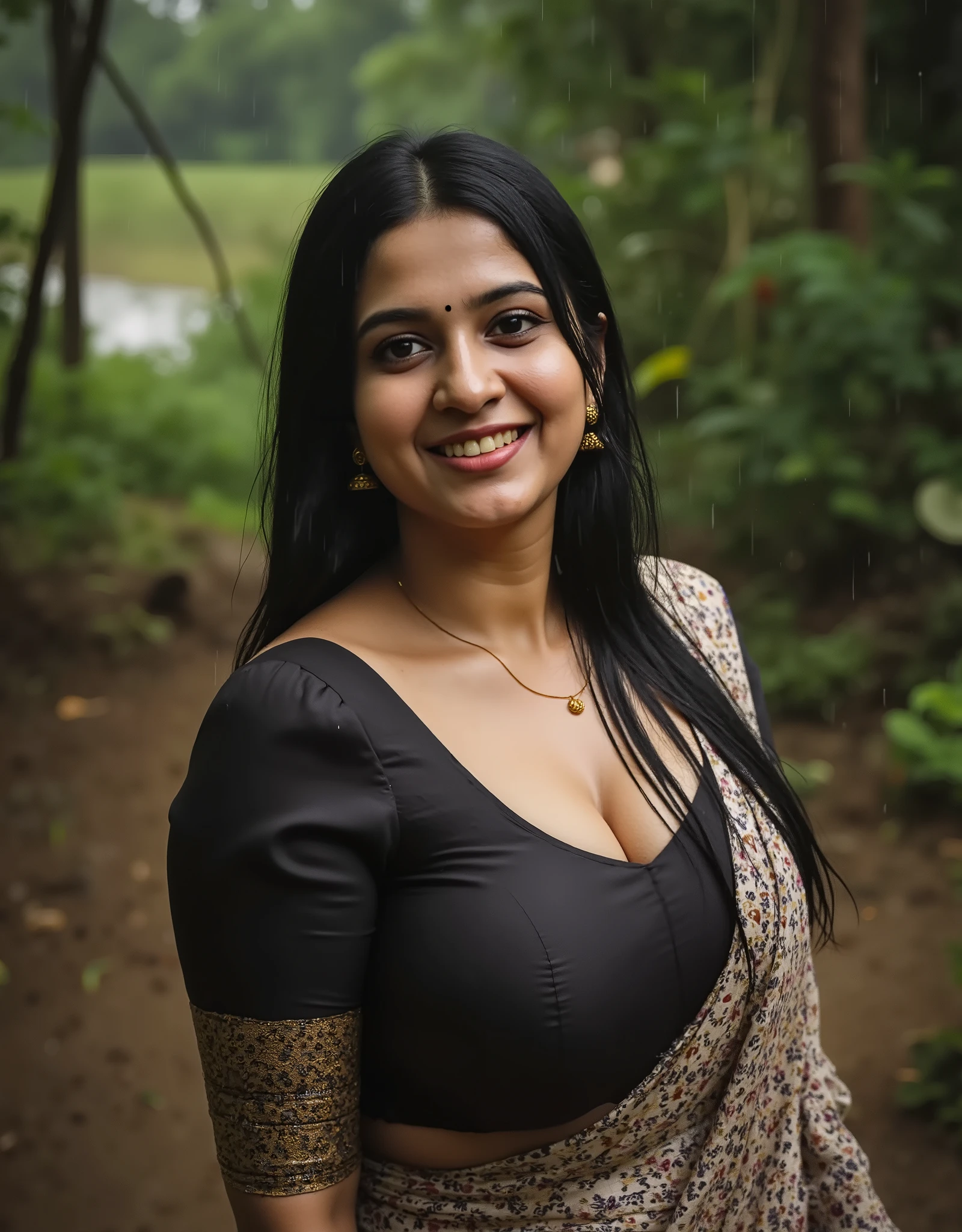 An indian 25 year chubby fair mallu wife with big breasts,bright face,patterned saree,standing in rain,forest,nice village backgrounnd.,satin blouse,glittery blouse,wet girl,