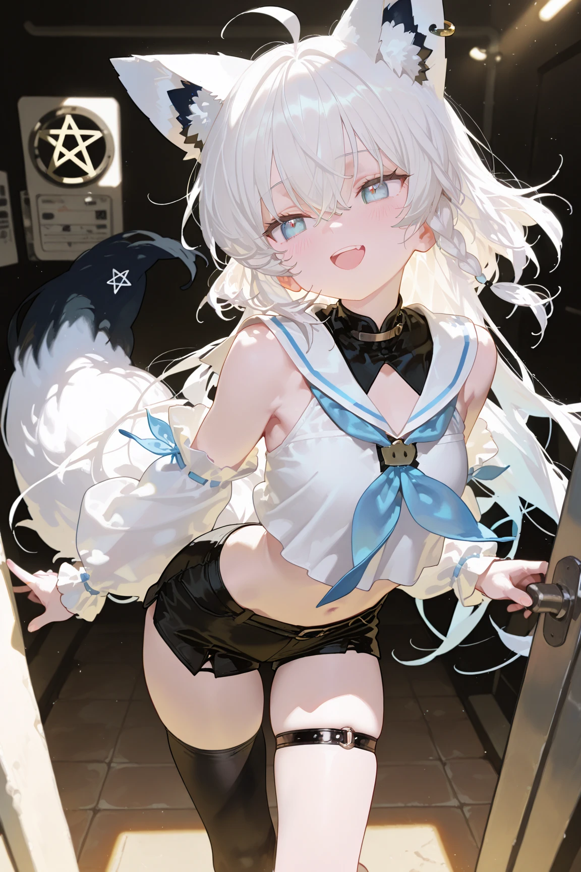 One Girl cute Petite breasts are slightly larger The legs are very thin Wolf ears White shorthair Pirate costumes (((The background is inside. on a sailboat))) Lying on your back Place your hands behind your head. Embarrassed face