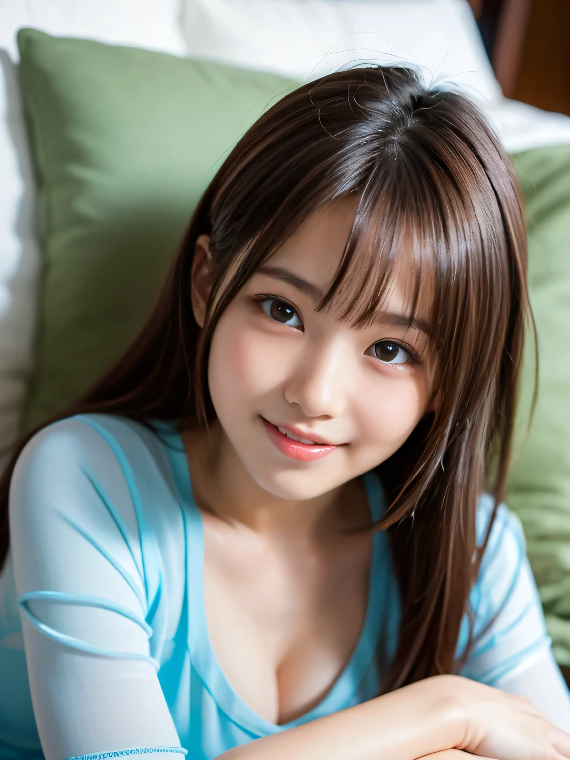 (Best-quality, Masterpiece, Ultra-High-Resolution, (Photorealistic:1.5), Raw Photo, depth of field, professional lighting, perfect anatomy, extremely details), 1girl, 15-years-old, the most famous Japanese idol, (extremely cute face like the most popular Japanese idol, ((extremely cute and extremely big eyes)), extremely beautiful hair, extremely beautiful skins), extremely cute long-eyelashes, extremely cute lips, 
in private-room, 
wearing pajamas with cute-design, detailed pajamas-with-cute-design, 
(She has very strong sexual arousal. She wants nothing more than to have sex with her boyfriend.):1.5)
