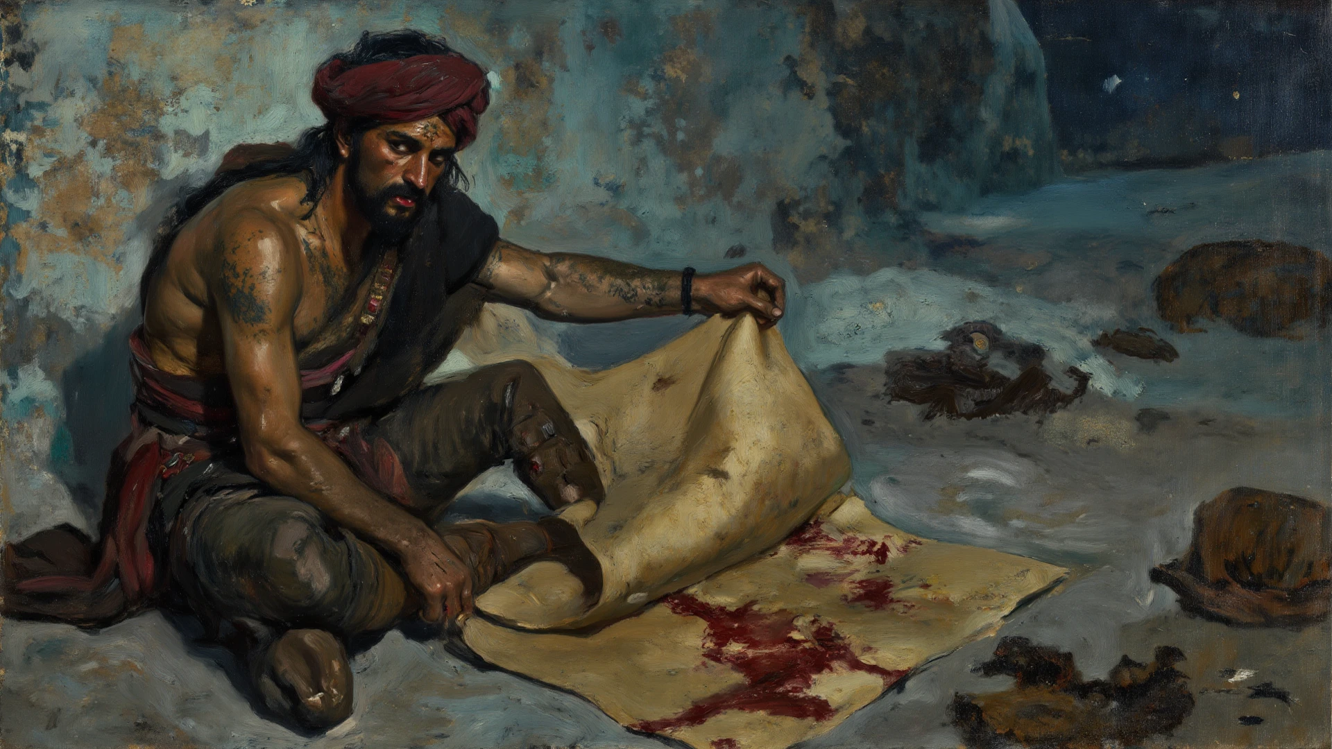 painting of a crime scene, sun shining, man sitting tiredly on fallen tree near village house, his face and hands covered in blood, axe with Scandinavian handle, grass all around covered in blood, dark atmosphere, cinematic scene, volumetric lights, ultra realistic, in the style of nicola samori
