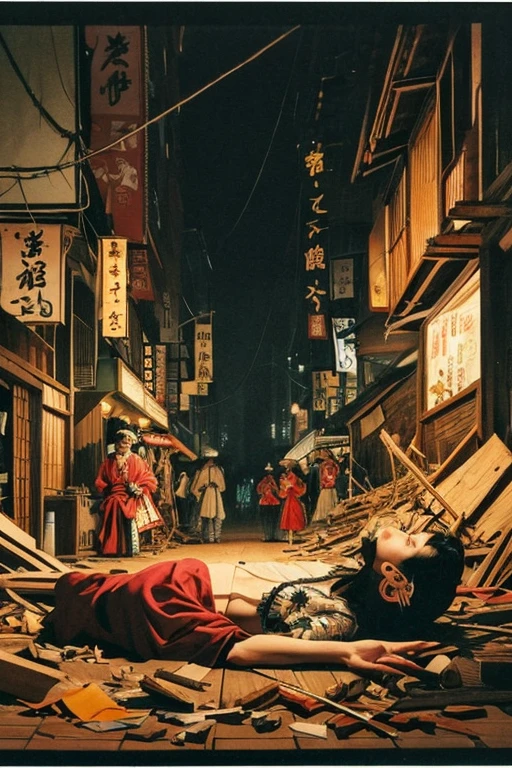 A young female Taoist priest stands in the middle of the crime scene, wearing a yellow Taoist robe, hair messy,The expression is serious. The area around the crime scene was cordoned off by a police cordon,Surrounded by onlookers.