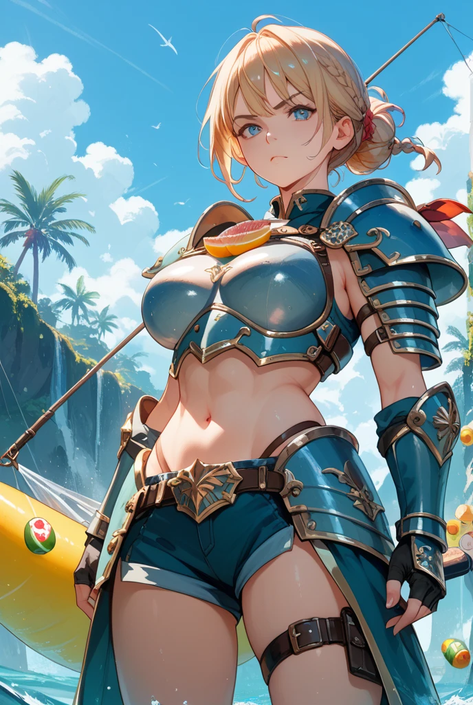 solo focus, a sensual female paladin with a short strawberry blonde ponytail takes off her armor in a river, sweating, warm, sunny, crotch bulge, forest