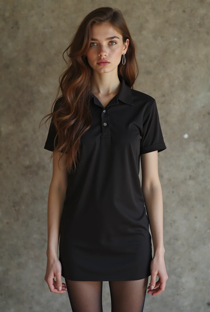 a woman in a black shirt polo and jeans poses for a picture, short sleeves, wearing polo shirt, collared shirt, front portrait, black, “organic, wearing a black shirt, or black, plain, black shirt, 3/4 front view, front-view, wearing a dark blue polo shirt, basic, black t shirt, collar on neck, no logo!!!