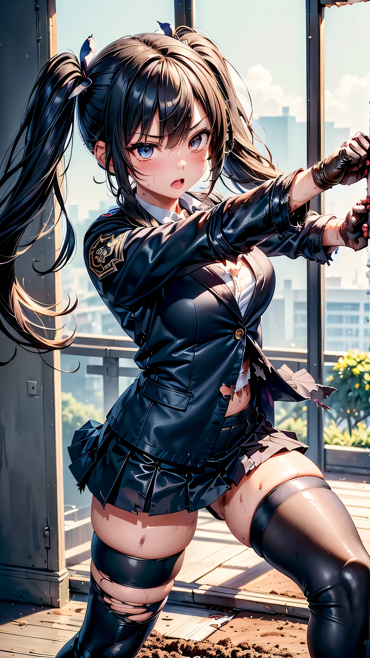 masterpiece、highest quality、Ultra-high resolution、Maximum resolution、Very detailed、Professional Lighting、anime、woman、thin、so beautiful、Sexy Suit、Mini tight skirt、Garter Stockings、High heels,Has an assault rifle、Grey Eyes、Brown Hair、long hair、Fingerless Gloves、Beautiful eyes、Pink Lips、Gloss Lip、Equipped with shooting glasses、Alone on the battlefield、Bold Pose、Offensive paintings