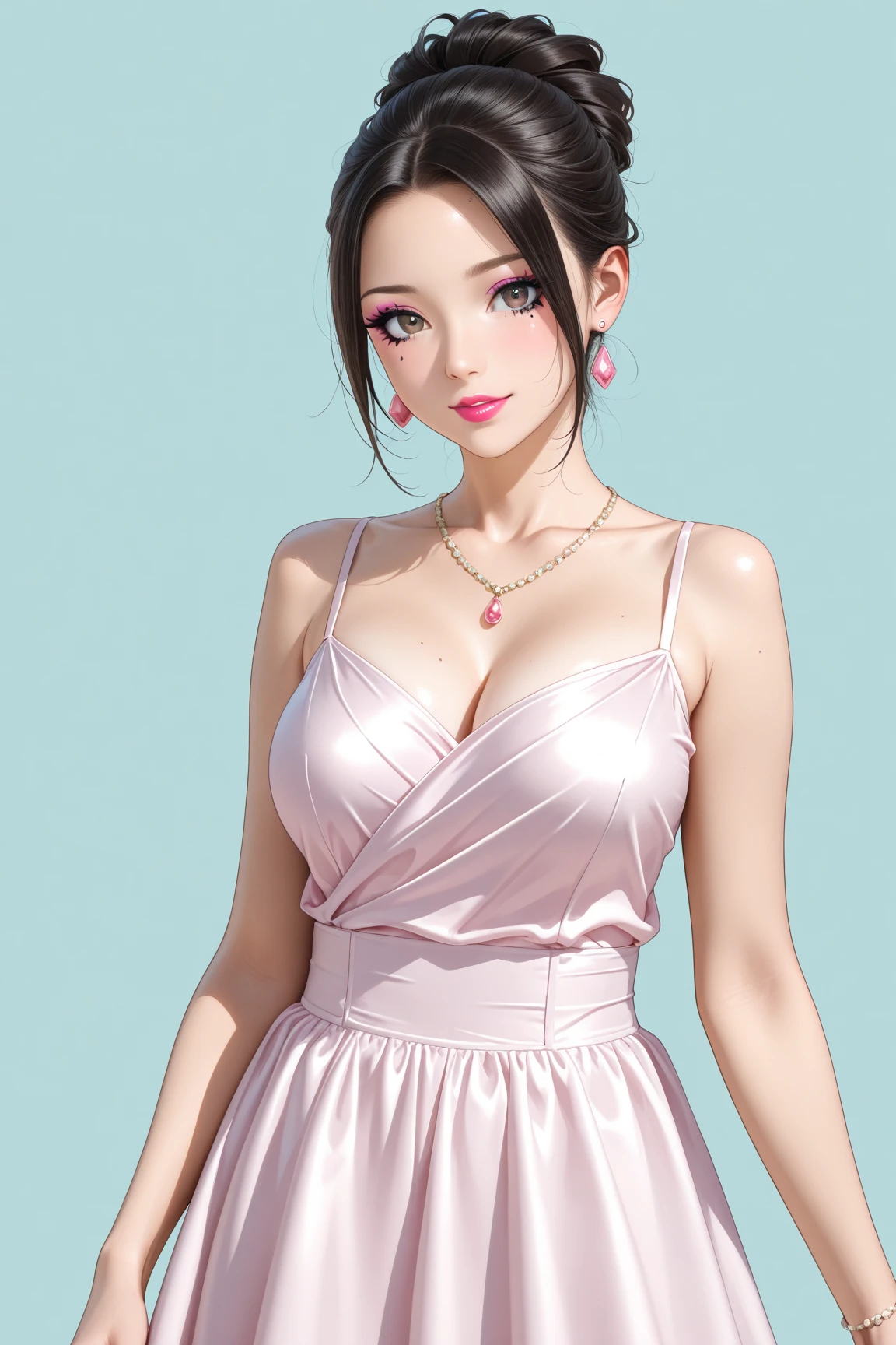 high resolution,smile,woman,woman1人,adult,Clear,cute, Brown Hair,BREAK, Brown eyes,BREAK,
Hostess,Golden Dress,Diamond Necklace,BREAK,
Facing forward,BREAK,Pink background,Light on head,