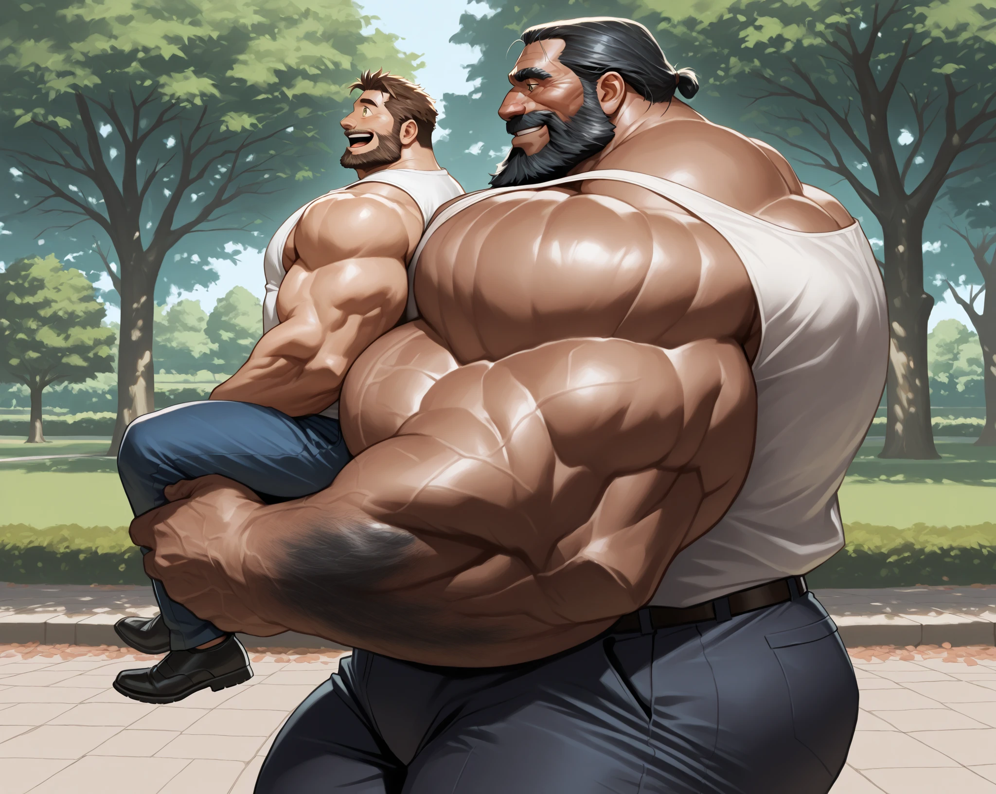 full view, full body, 2 big over-muscular bodybuilded white men with undercut haircuts, wearing regencey era silk clothing and white silk thigh-highs, in white silk shiny socks, No shoes, dozens of golden rings, necklaces, bracelets, white Shirts with laces unbuttoned showing over-inflated pecs and abs. Sleeves extremly tight around big bulbous over-inflated biceps. Handsome. Both Screaming and crawling on their stomachs onthe ground, beaten, with marks of blows on face, in an elaborate garden 'à la française', . white silky socks must be seen