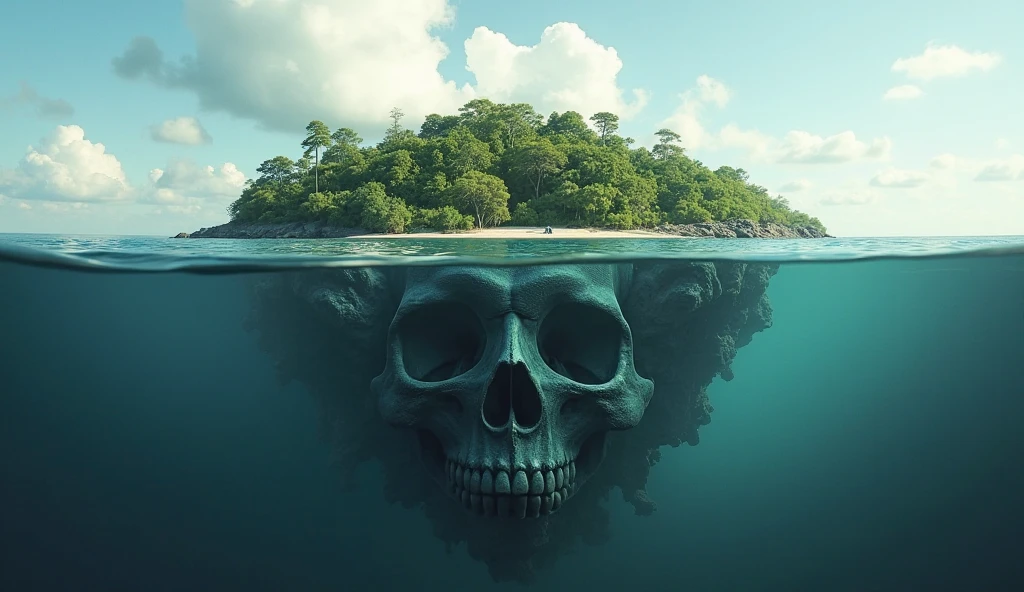 (((from below)))an island in the middle of the sea in the shape of a skull, some of which are under the sea