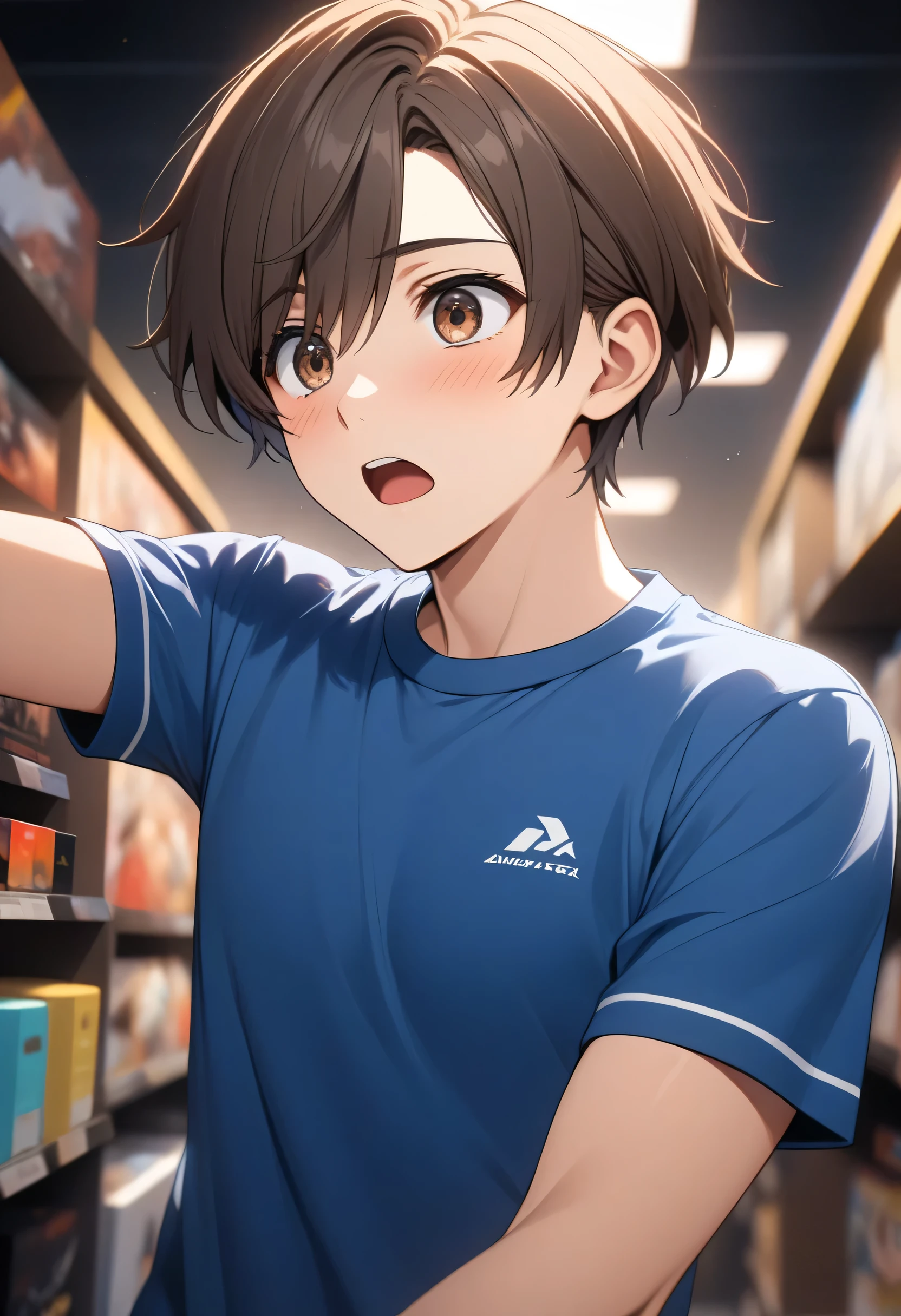 ((masterpiece, Tops, high resolution store, UHD, perfect pixels, depth of field, 4k, RTX, hdr))), A 17-year-old boy , alone, male appearance, Art Style, Half body, anime character breasts, ((Surprised Look, short hair on the sides, dark brown, separated from the hair to the side)), ( brown eyes: 1.2,), (detailed face, blush: 1.1),looking at a point on the ceiling surprised to see someone, (dynamic angle, dynamic pose: 1.2 pov , Close-up, looking forward),  wears a blue round neck short sleeve sports shirt , front view,, in the background you can see the evening sky from the east with some reddish clouds
