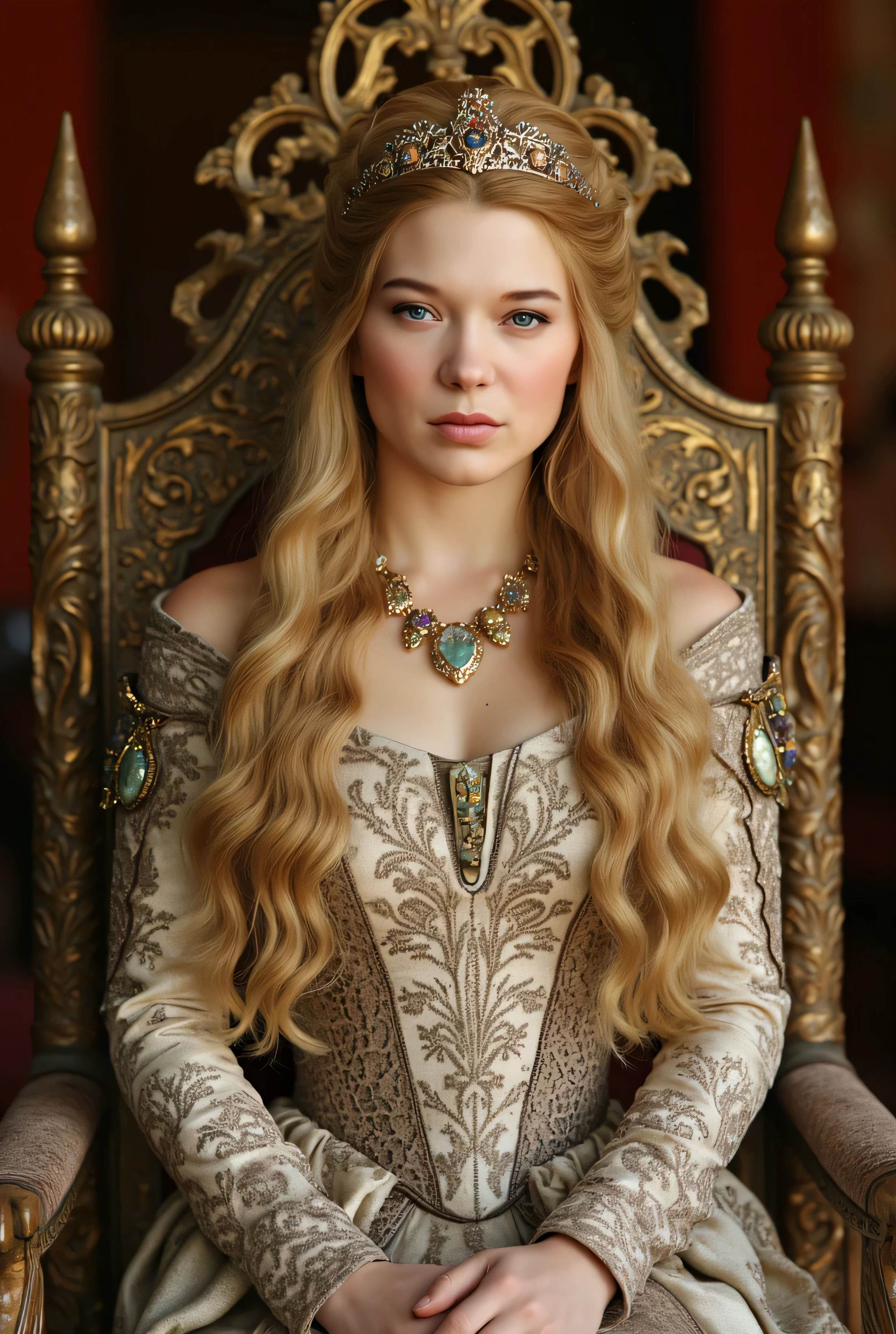 (RAW Photo, Best Quality), (Realistic, Photo Realistic: 1.3), Best Quality, Highly Detailed, Masterpiece, Hyperdetail, Realistic photo shot, realistic photo of a queen , makeup, , blonde hair , (( satin cotton fantasy laced maxi gown inspired by Middle Ages and Renaissance , )), medieval, throne room , (((full body))),