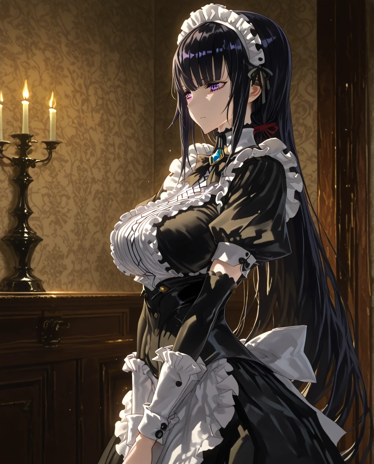 Adult woman with long black straight hair and huge breasts，Maid costume，Bare arms，Long skirt，Luxury study room