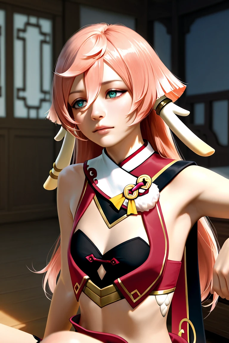 (Masterpiece, Excellent, 1girl, solo, complex details, color difference), realism, ((medium breath)), off-the-shoulders, big breasts, sexy, Yae Miko, long pink hair, red headdress, red highlight, hair above one eye, green eyes, earrings, sharp eyes, perfectly symmetrical figure, choker, neon shirt, open jacket, turtleneck sweater, against the wall, brick wall, graffiti, dim lighting, alley, looking at the audience, ((mean, seductive, charming)), ((cherry blossom background ))),((Japanese temple background)))), (((Glow-in-the-dark background)))