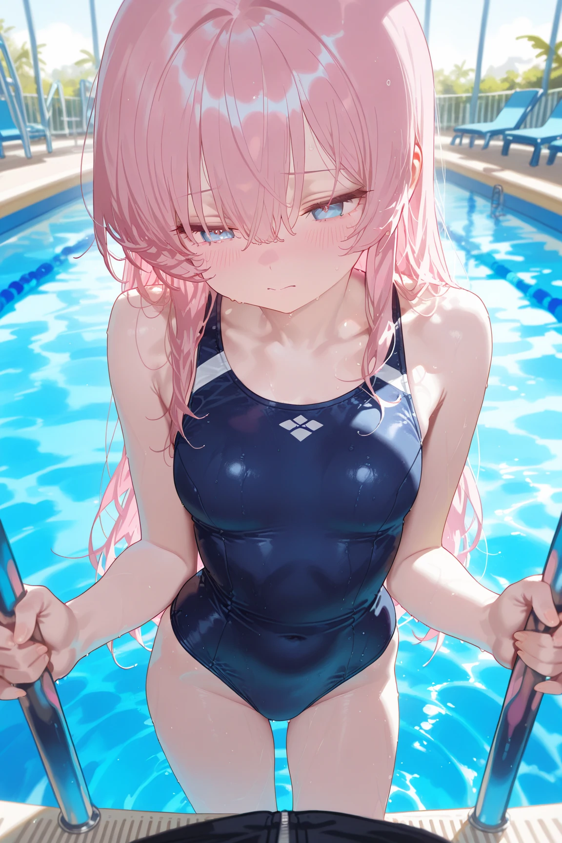 masterpiece、highest quality、Very detailed、Photograph the upper body、1 female、(Arms behind your back:1.4)、Are standing、Turn your body forward、View your viewers、(school swimsuit)、break,blush、shy、Pink Hair、Open your mouth、Pool、Big Breasts、