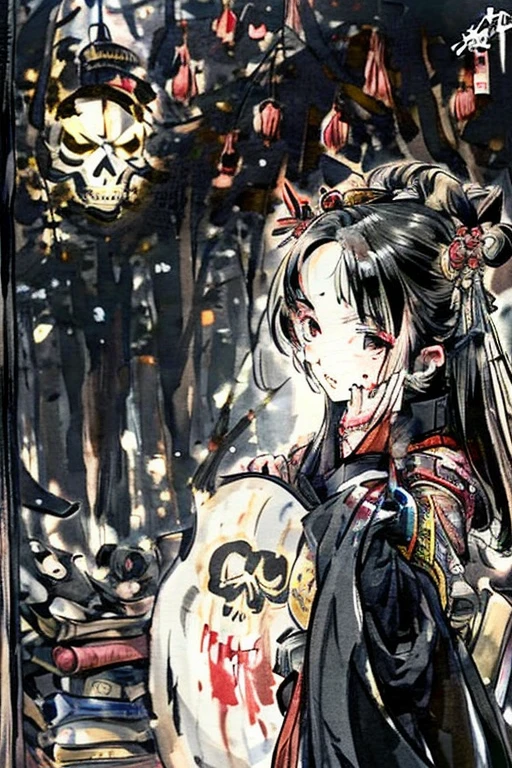 (((Katsushika Hokusai))), ((Skeleton wearing a kimono)), Horror elements