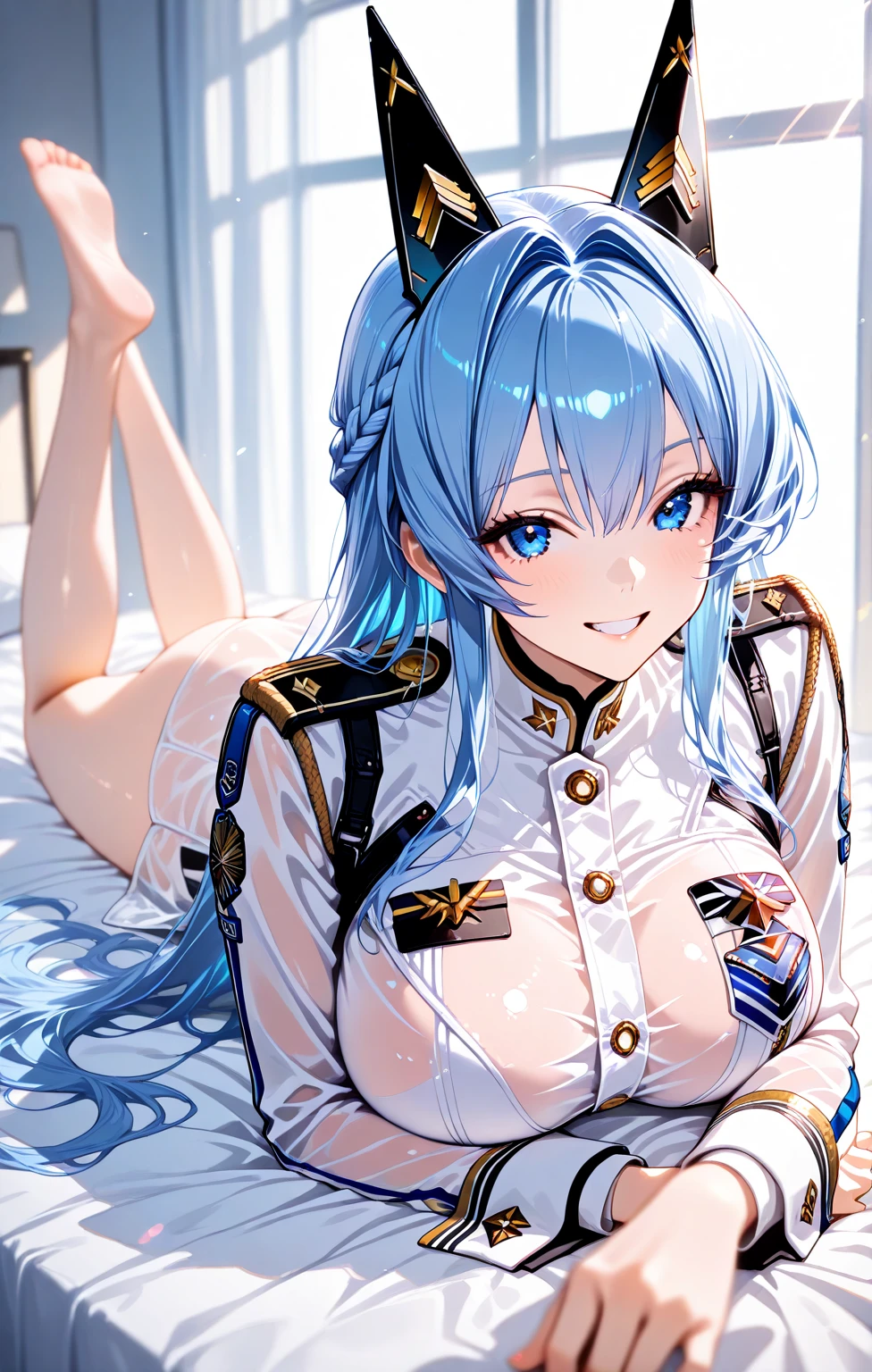(masterpiece), (ultra detailed), (Highest quality), Very-cute-and-beautiful-1girl, 16-years-old, BREAK (slim body and gigantic breasts:1.2), ((ultra Delicate beautiful yellow-cute-eyes)), Iris, Long eyelashes, BREAK absurdly long wavy hair, shiny pastel blue hair, Delicate hair portrayal, hair bow, BREAK narrow waist and leggy, beautiful curvy cute ass, BREAK ultra detailed beautiful face, Attractive lips, (porcelain and Translucent shiny skin:1.2), (sweaty skin:0.7), BREAK Precise anatomy, (Happy Smile), BREAK ((Futuristic Spacesuit)), ((pilot suit)), ((Military Skirt)), ultra detailed, The cockpit is surrounded by glowing monitors, background, BREAK (lying on the bed), (character focus:1.5), (cowboy shot), (Wide Angle), (From above), (Professional lighting), (atmospheric perspective), BREAK extremely detailed CG, Incredibly absurd 8k wallpaper,