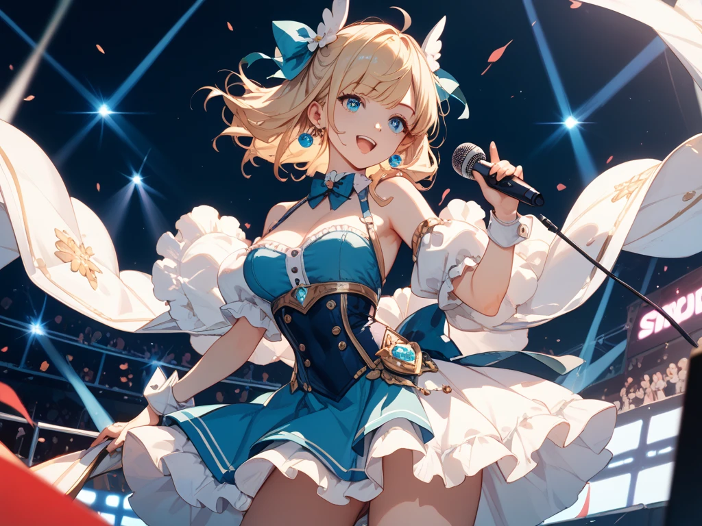 masterpiece, ultra-detailed, illustration, game cg, best quality, highres, kitagawa marin, 1girl, short fluffy blonde hair, side ponytail, swept bangs, gradient hair, red eyes, glossy lips, light smile, blush, large breasts, sleeveless idol dress, very puffy skirt, flared skirt, thigh highs, heeled boots, collarbone, choker, stage, crowd, audience