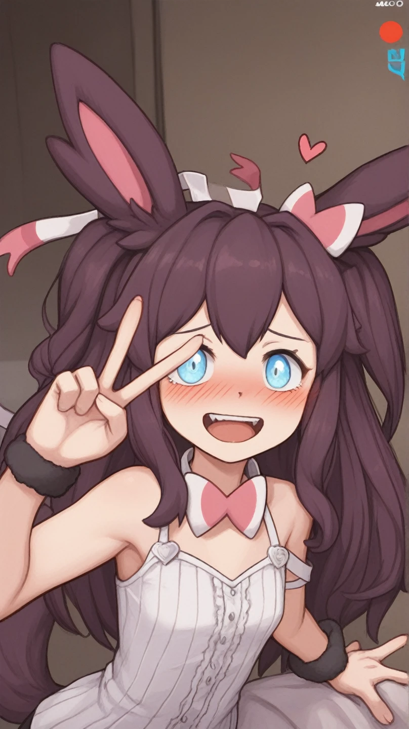 babydoll, (((masterpiece))) , (((best quality))) , anime style, 2d, Studio shot of a Visually Stimulating Dazzling (dynamic 1girl, solo:1.3) , in Golden Retriever-style outfit of Embellishment, giving you the finger, she has Vintage hair, Bunny Ears, Smoky Conditions, Sharp and in focus, Screen print, direct flash photography, Selective focus, Single Color, elegant, aesthetic, vibrant, perfect symmetry