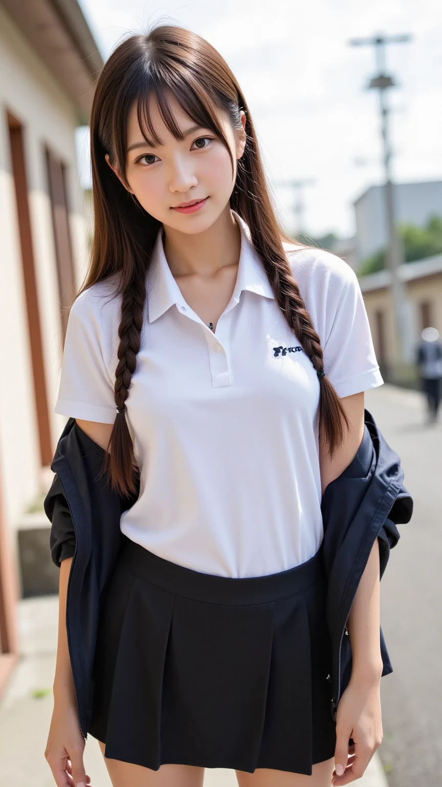((best quality)), ((masterpiece)), (details), one girl, sexy ((best quality)), ((masterpiece)), (details), one girl, sexy ((best quality)), ((masterpiece)), (details), one girl, full body, sexy expensive body, expensive, long legs, mature woman, mature, adult, it_nagatoro_main, Hayase Nagatoro, one girl, blushing, alone, uniform polo shirt, short sleeves, black hair,brown eyes, hair accessory, looking at viewer, hair clip, smiling, long hair, dark skinned woman, dark skin, , bangs, daytime, skirt, collared shirt, collarbone, ear clip, mouth closed, tree, asymmetrical bangs, upper body