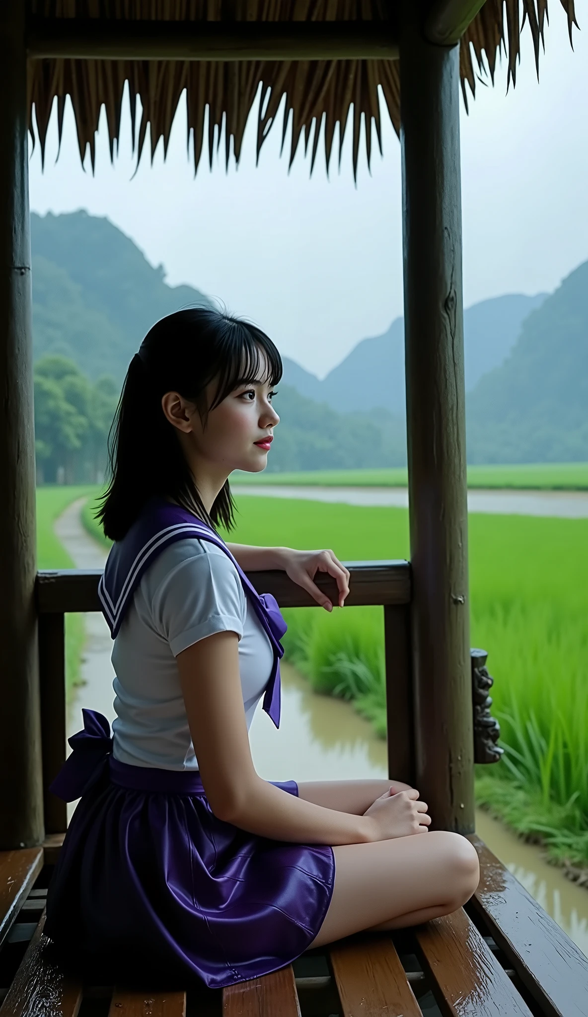 Masterpiece, 8K, Best Quality, Intricate Detail, Ultra Detail, Ultra High Resolution, ((purple eyes: 1.21)), full body portrait, ((Long Distance)), ((Daytime: 1.3)), ((Woman: 1.2)), Standing, HDR, Ultra Detail, EF 24-70mm f/2.8L II USM, Best Quality, High Quality, ((Photorealistic: 1.4)), ((skin detail: 1.2)), ((dark purple bob hair: 1.1)), ((large breasts: 1.2)), firm breasts, voluptuous body, chubby body, heavy makeup, thin lips, rosy lips, glossy lips, 1 Girl, Japanese Girl, Cute, Beautiful, Charming, 18 Years Old, Sailor Saturn is sitting under a small traditional bamboo hut in the middle of a rice paddy field near an irrigation channel in Central Java, Indonesia, during heavy rain. She looks drenched, her hair sticking to her face due to the rainwater. She looked drenched, her hair sticking to her face due to the rain. Sailor Saturn wears a distinctive dark purple sailor uniform, pleated skirt, mini skirt, tight skirt, short dark purple skirt with a dark red bow, dark purple sailor collar with white stripes, white shirt, tight white shirt, tight short-sleeved white shirt, tight white shirt that shapes the body, white gloves, long gloves, dark purple boots, short bob hair, dark purple hair, short bob hair that is dark purple, sticking and looking heavy due to being wet. She sat on the edge of a small hut near the flowing irrigation canal, the murky water, looking cold, her clothes wet, her body wet, her skin wet, her body slightly shivering, a gloomy yet gentle expression on her face. The background displayed heavy rain, a vast expanse of green rice fields, and distant natural mountains blurred by the heavy rain. Rain fog covers part of the background. Cinematic realistic image style, soft cloudy lighting, the natural atmosphere typical of rural Java, with details of bamboo and palm thatch from the small hut you occupy. Realistic