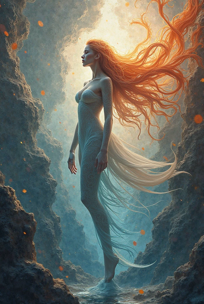 An ancient naked extraordinarily long red-haired woman from a distant planet balanced gracefully on a cliff's edge. She found serenity in the universal language of yoga, bridging the cosmos with every breath. Het hair blowing in the violent wind.