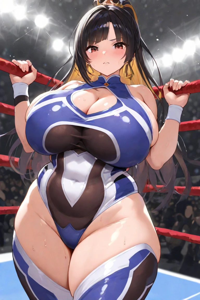 masterpiece, best quality, beautiful art, high resolution, well formed hands, body and fingers, 1 woman, solo, Megumin konosuba, grown up, adult, big breasted, cleavage, full body, long hair, hair ornament, gorgeous legs and thighs, blue_kunoichi_dress, white stockings, sleeveless, ryona , in peril, she is being beaten up by her opponent, she is slapped in the face and being slammed against the floor, receiving the impact of her opponent's attacks, closed eyes, screaming in pain and agony, ryona and perilous scene, bouncing breasts, weak and helpless, martial arts tournament on the beach