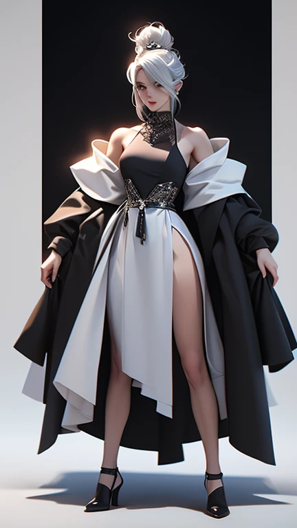 A female empress, with yellow eyes, white militar short hair, with a young face. slim muscular body, but well proportioned. Traditional Chinese imperial clothing dress decorated in gold with black details, red hanafuda earrings, red skirt, black string sandal. meditating in an ancient Chinese meditation hall, with candles, with the moon and stars in the window in the background and with flashes of light reflecting on your body. High definition.Sexy anime in 4K, full-body photos, sensual poses,