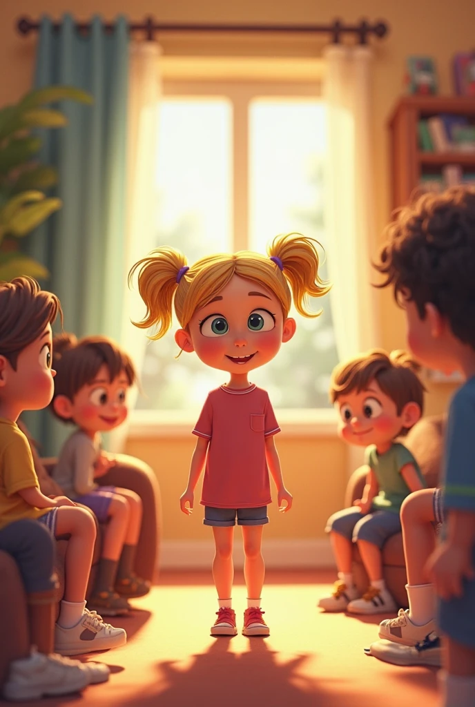 represents a blonde nanny, bob hair surrounded by 3 children of different ages.
They play motor and sensory games. The nanny looks at them kindly.