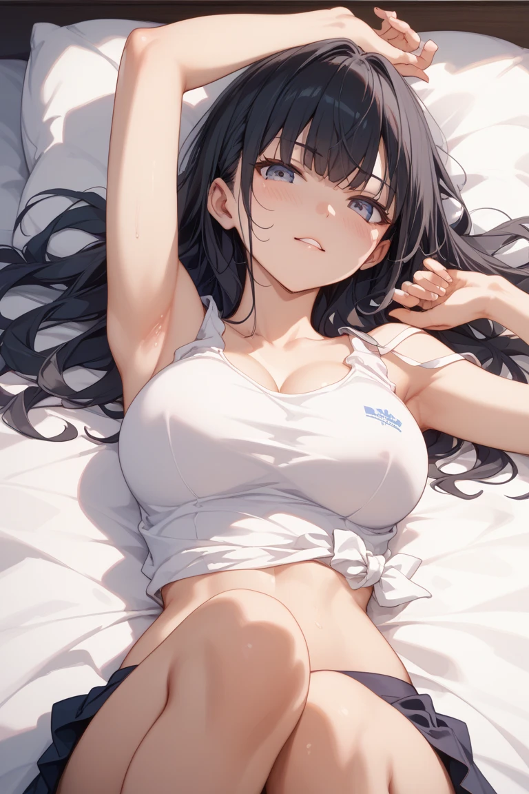 最high quality、best image quality、masterpiece、teenage girl((18-year-old、 By becoming、vest bust、medium bust,wide open breast tea、black eye, black hair、long hair、thin,highest valley、cute makeup、black sports bra、White sports pants、White Necklace、Blackface Paint、tired face、Sweat、sleep、worst sleeping position、erotic face)),high quality、beautiful art、background((on the bed)),debris flies、Depth of written boundary、movie、visual art、perfect art、8K,genuine