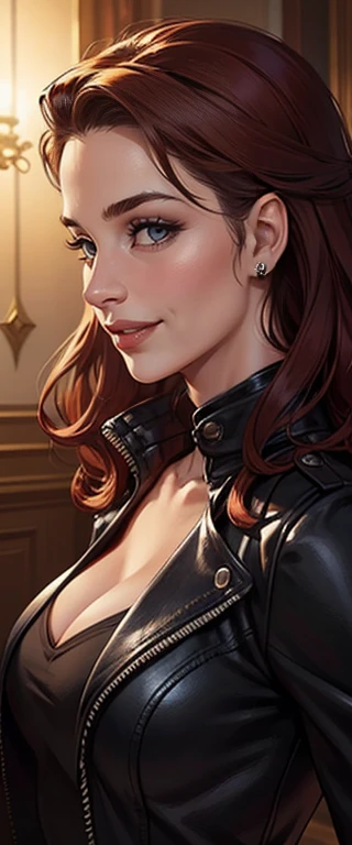 (extremely detailed 8k wallpaper), dark theme, Vampire the Masquerade, modern horror, 2020s, very beautiful woman, wearing expensive clothes of medical company president, sharp focus, (subsurface scattering:1.1), award-winning photography, centered face, ((Catherine Zeta-Jones face)), half-body photo:1.1, long light brown hair, blue eyes:1.2, big smile, on the balcony of a luxury apartment overlooking the beach at night, dramatic lighting
