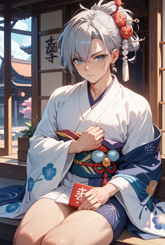 (top-quality、​masterpiece)、(1boy、独奏、Physical education sitting、watching at viewers、)One boy sitting on a crescent moon、Dressed in national costume、Dressed in a traditional poncho、Mash、magic carpet、Physical education sitting