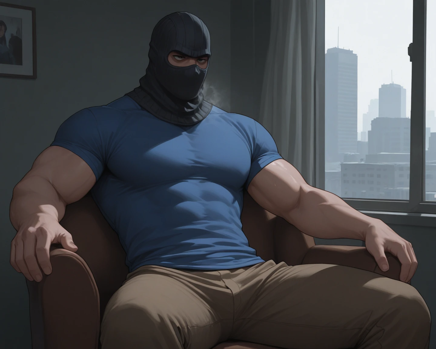 8k, cinematic, Solo, male focus, masterpiece, ultra quality, high resolution, 8k, intricate: 1.2), (detailed face:1.2), handsome, Young man ,tan skin,, detailed skin, 1boy, ((realistic)), six pack abs, big biceps, big pecs, with balaclava mask, with ski mask, good lighting quality, muscle veins, sitting, spreading legs, arrogant pose, viewed from below, worm eye POV, extreme low angle, full body,  flexing biceps,  out, cum on , big cock, 18+, nsfw, uncensored