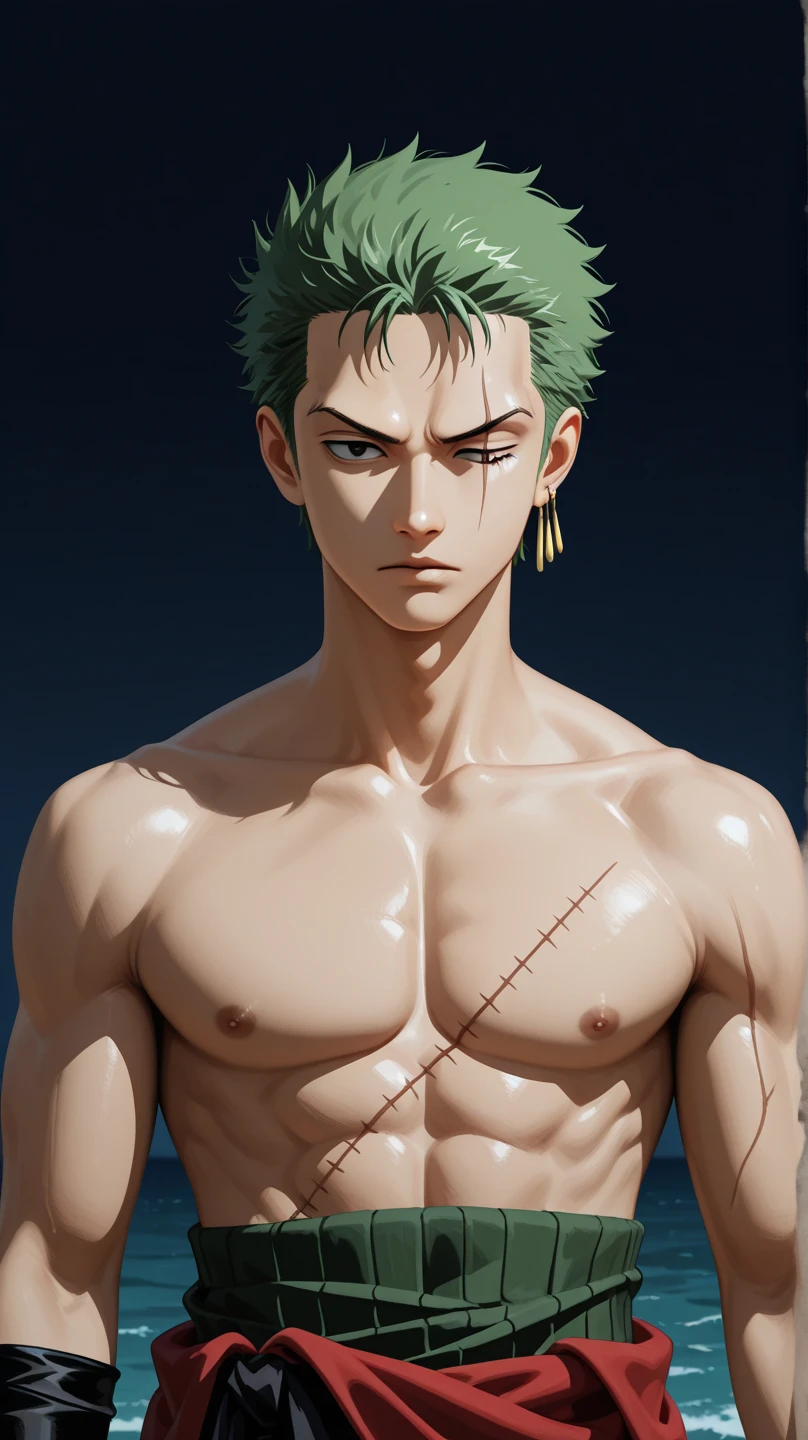 1boy, wanostyle, roronoa zoro, angry looking, katana, (one eye closed), scar across eye, green hair. solo, upper body, (((masterpiece))), ((best quality)), (extremely detailed), watercolor, illustration, depth of field, sketch, dark intense shadows, sharp focus, soft lighting, hdr, colorful, good composition, fire all around, spectacular, black eyes, japanese clothes,