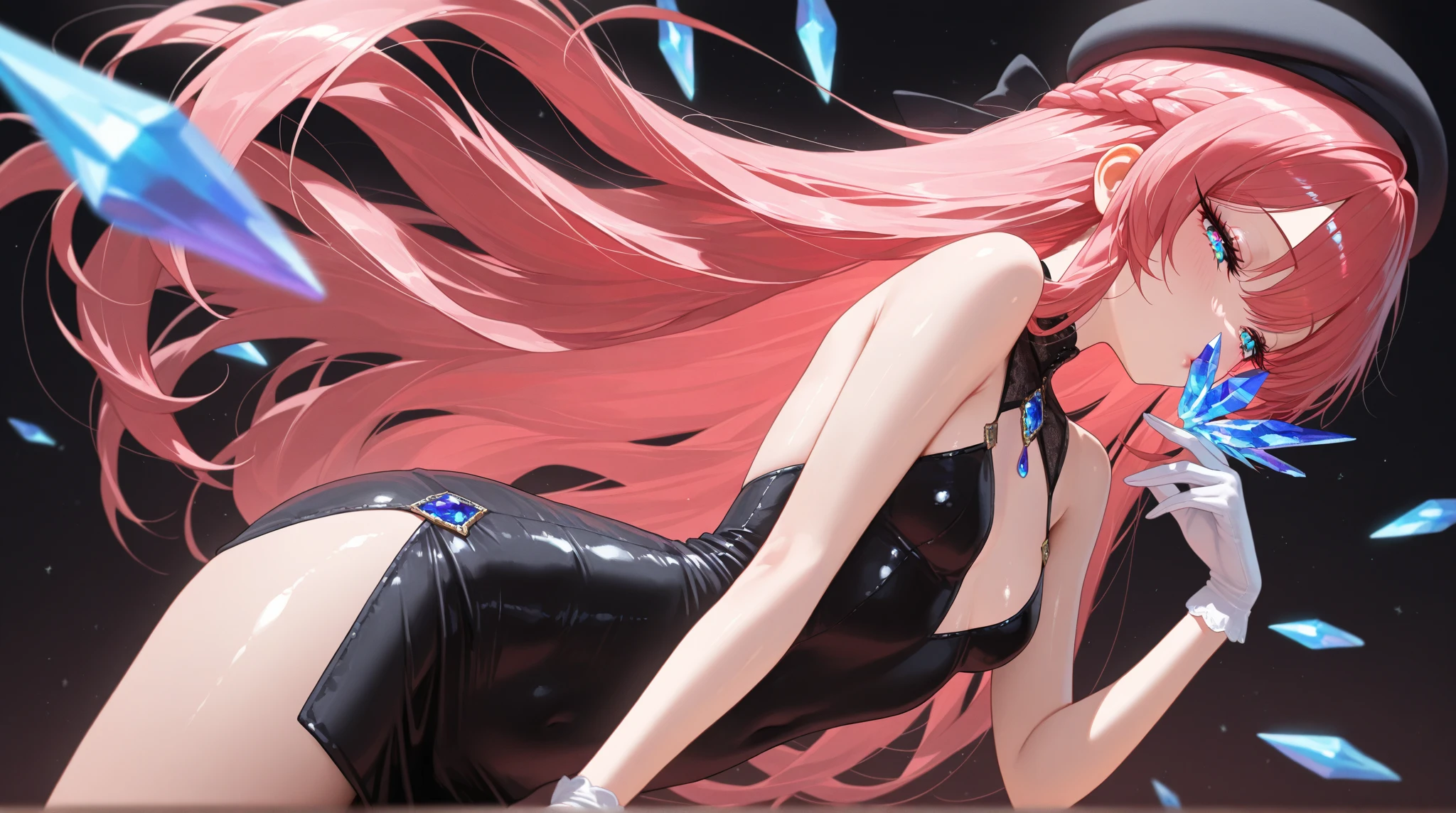Anime girl, Zero Two, 002 from Darling in the franxx (best quality,4k,8k,highres,masterpiece:1.2), ultra-detailed, (Anime art style, :1.37), portraits, solo, one_girl, long_hair, beautiful_detailed_horns, pink_hair, stunning_breasts, delicate_hairband, enchanting_smile, captivating_gaze, medium_breasts, white_hairband, Lying_on_Beautifully_Rose_flowered_Bed, elegant_arms_up, Elegant_Pose, stylish_bangs, mesmerizing_green_eyes, delicate_closed_mouth_smiling,Red Coloured_Xs_and_Os_Women's_Lace_&_net_Floral_Above_knee_Babydoll_Lingerie,fiery_red_horns, exquisite_Lingerie, breathtaking_red_Lingerie, alluring_Lingerie, cascading_very_long_hair, straight_hair, confident_standing_pose, elegant_necktie, Full_body_illustration.