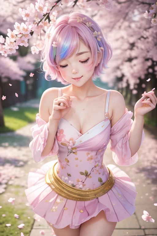 best quality, 32k, RAW photo, incredibly absurdres, extremely detailed, delicate texture, delicate, flashy and dynamic depiction, an innocent and beautiful girl like a cherry blossom, happy, shy, messy pixie cut, pastel colors, background pastel color, blooming profusely, cherry blossoms, cherry blossom petals, dancing petals, scattered gold dust, wind, motion-blur, action-lines, fantasy