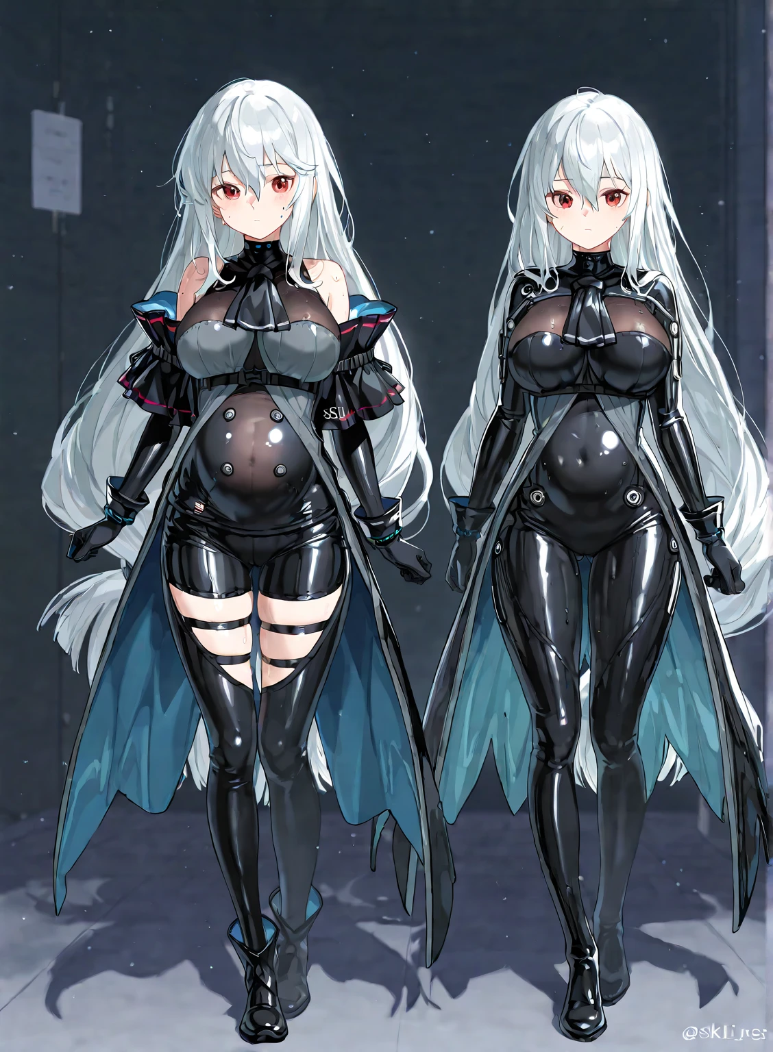 Make a full body character with 2D graphics based on current anime 4k-8k The character is 22 years old. Mature body with big breasts and curves. Eyes red, white cat ears, long white hair down to the ankles. Cat's furry tail. The outfit is a mix of traditional Japanese kimono, Qipao chines stylized in a cyberpunk way. The colors of the clothes are predominantly white with details of blood red and gold.. With sock 3/4 black and white, sandalhas ninja estilo cyberpunk.