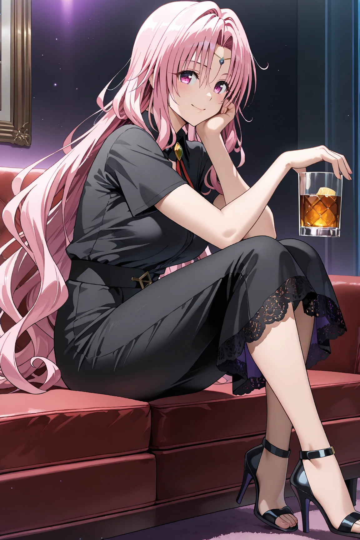 1 girl in chainsaw man style, long hair, light pink hair, hair with blue tips, multicoloured, blue colored eyes (detailed), white outfit with a black tie, small smile, holding a glass of wine, tilted face, sitting on a luxurious sofa, black backdrop