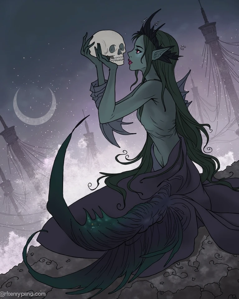 {-erro_de_anatomia:1.0} woman 30 years old, underwater, skeleton, corpse,Under the sea, where coral tendrils and vines abound, a woman (mermaid), long black hair (black hair) looks at you amidst a pile of bones and skulls. Indifferent look , merciless. Lying among the skulls.

