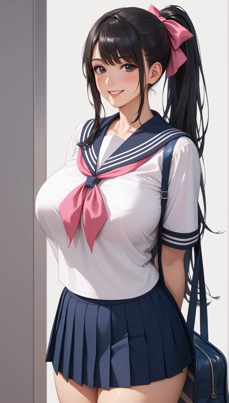 masterpiece, best quality, cinematic, photorealistic, ultra-detailed), (1girl, female Japanese student), (wide shot, from the front:1.4), (wearing a Traditional seifuku with a navy blue skirt and white blouse:1.5), (natural black hair, high ponytail tied with a simple ribbon:1.2), perfect hands, perfect face, (tall height, wide hips, long round legs, sexy legs, round ass), (massive natural soft tits), (hazel eyes, soft and shimmery eyeshadows, detailed pupils, defined eyelashes), (blushing, slightly parted lips, nude pink lips:1.2), (gradient background:1.3), (knee;ing seductively:1.4)