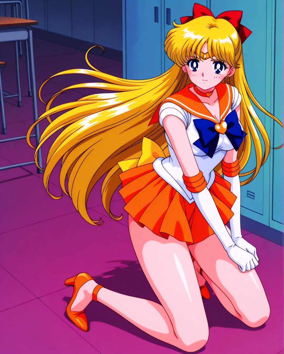masterpiece, best quality, absurdres, perfect antomy, 1girl, solo, SMMoon, 1990s \(style\), blonde sailor moon, standing, smile, cowboy shot, sailor senshi uniform, sailor collar, blue skirt, elbow gloves, in back pose, show her booty, backwards, no thong big booty, ultra mini skirt