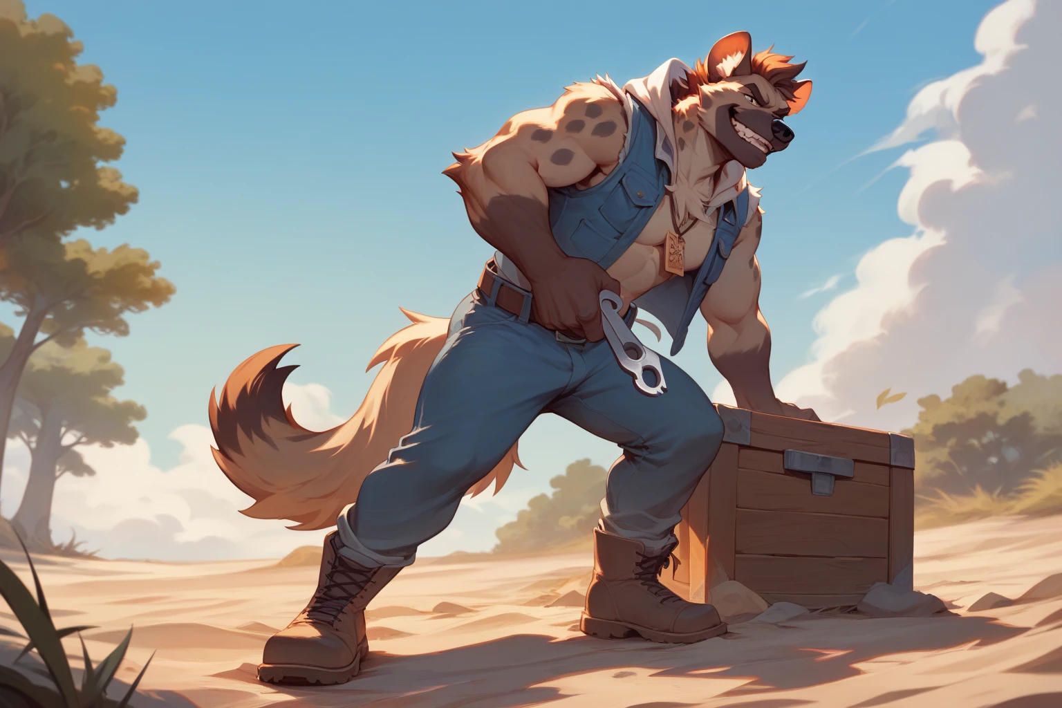 Solo, male, medium muscular, german shepherd, dog, biker, hairy chest, furry chest hair, shirtless, leather vest, blue jeans, leather chest harness, gun holster, gun, leather fingerless gloves, combat boots, boots, cigar, cigar in mouth, nipple piercing ((focus body, furry focus, shades focus, body shades)) nice body, standing, holding gun, holding a large caliber pistol, desert eagle, deagle, .50 handgun, aiming gun, armpit, armpit hair, bulge, nsfw, model, light, shades, 4k, high quality ((( gun range background, inside))), by darkgem, by mystikfox61