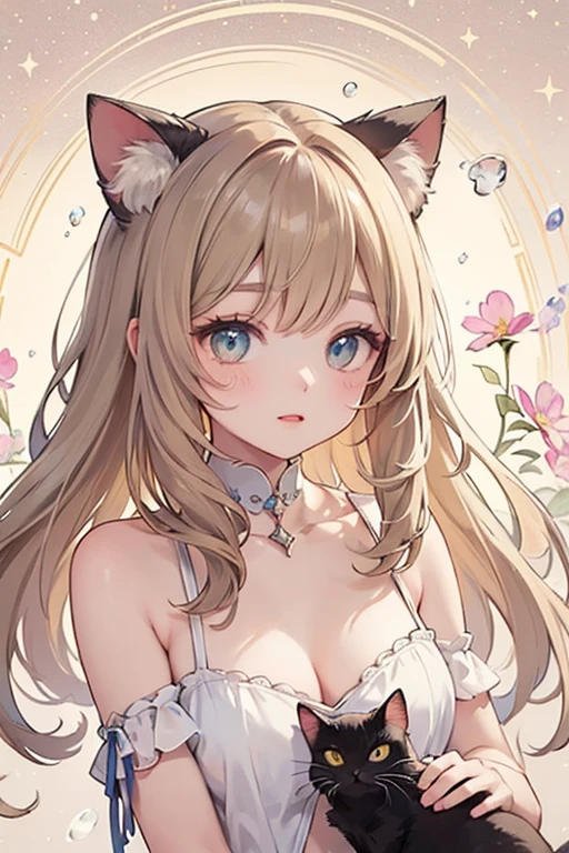(kawaii anime style) , Hallucination, daydream , nightmare , Insane Dream , bokeh , erotica , romance ,  Cat clings girl , Petals fluttering down , (Single eyelids, round nose, swollen cheeks) , glossy lips , Collarbone , Hair blowing in the wind , Goddess of lust , (hide crotch by cats:1.2) , (hide nipple by cats:1.2) , (close up cat) , (spread legs) , bra , Groin , (Wide pelvis) , (nudity full body)