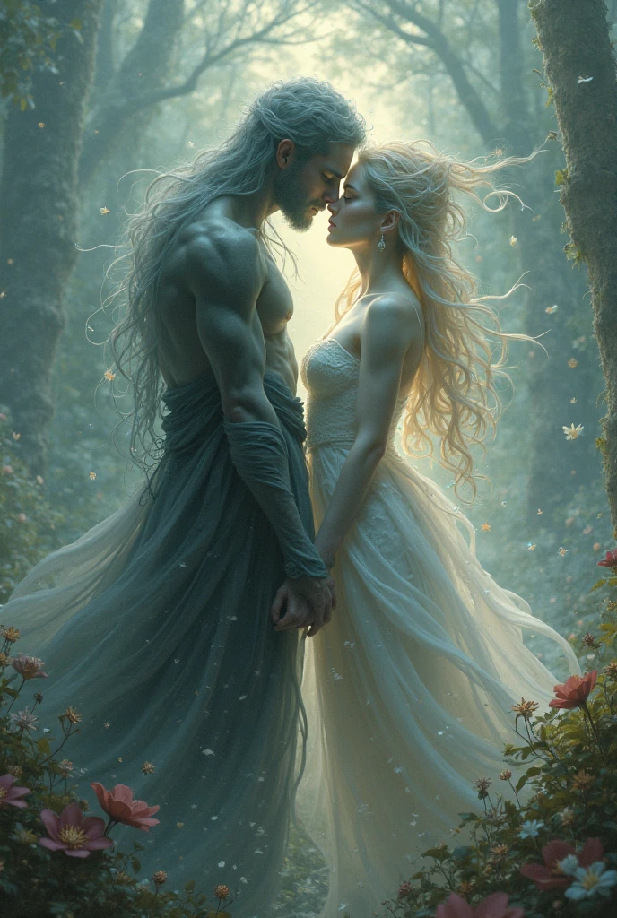 Create an image of two souls, a man and a woman in love, that is dark but represents the love suffered and loved.