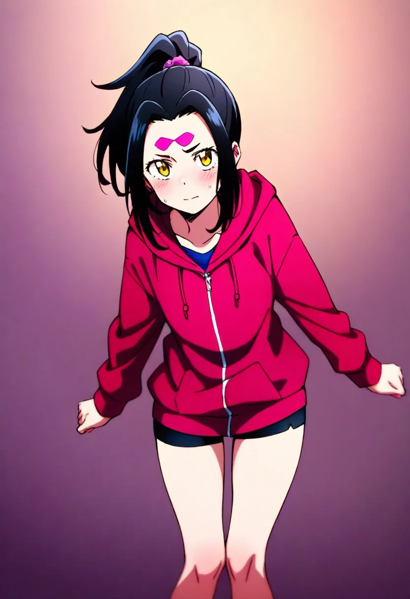 girl in spandex booty shorts, wearing oven mittens tucked in pockets, blindfold
