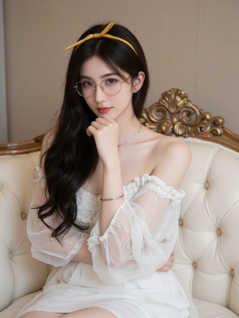 Top CG, Highest image quality, masterpiece, Gentle and beautiful girl, (185cm美女), (fit), Imperial sister, Queen temperament, White skin, ((Long legs)), Perfect facial features, Bright Eyes, Red lips, Beautiful and cold (A major breakthrough)), Beautiful and heroic, Soft and long hair, shiny, Lace, net, Visible through clear skin, wear glasses, ruby neckLace, (evening dress), 8K Image Quality, (Realistic Portraits), Characters fill the screen, (Facial lighting), ((eternal)