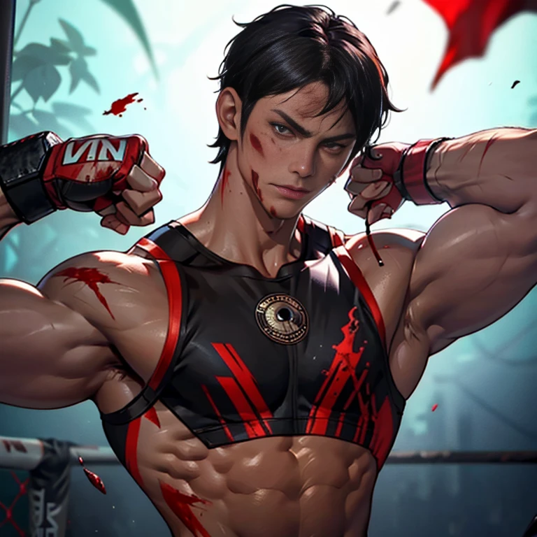 1male people,a beautiful young man Cypress 18 years old((Thin)),((being thin)),Muscular,((rosette)),(grape trees),cage,strappy,Red rope,(Detail light),Falling rose petals,hindquarters, back muscles,Red sheer tulle,Cool white skin,White-colored skin,Full nudity on the back,Lateral face ((((surrounded by giant black Negro writhing wet penises, phalluses, dicks)))