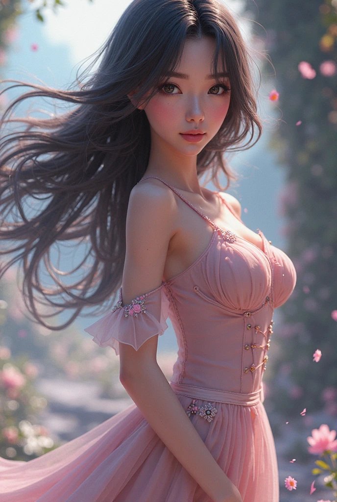 Obra maestra, Mejor calidad, cinematic lighting, ultra detallado, 8K definition, 1 chica hermosa, rostro hermoso, sonrisa gentil, calm facial expression, ojos almendrados color rosa, cabello negro, collected in buns, cuerpo hermoso, senos gigantescos, copa G, con un dulce en su mano derecha, en un bosque rosa,mundo de dulces,Piruletas,plano amplio,Outstanding lighting effects,Pico de caramelo,Nubes color cremanubes de malvavisco,juice river,cielo azul